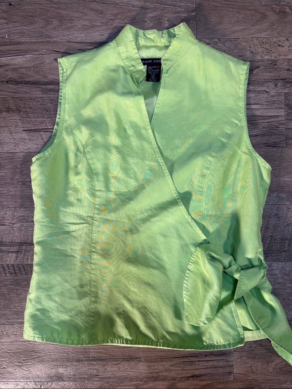 Anne Carson 100% Silk Lime Green Sleeveless Wrap Blouse - Size S